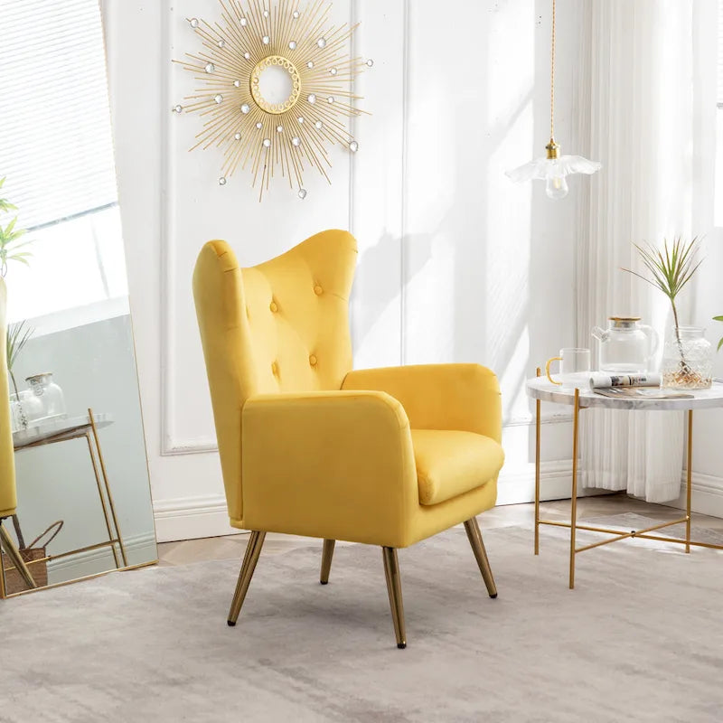 Fauteuil d'appoint capitonné en velours jaune 30.25 avec pieds dorés