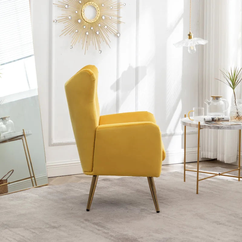 Fauteuil d'appoint capitonné en velours jaune 30.25 avec pieds dorés