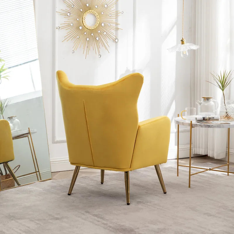 Fauteuil d'appoint capitonné en velours jaune 30.25 avec pieds dorés
