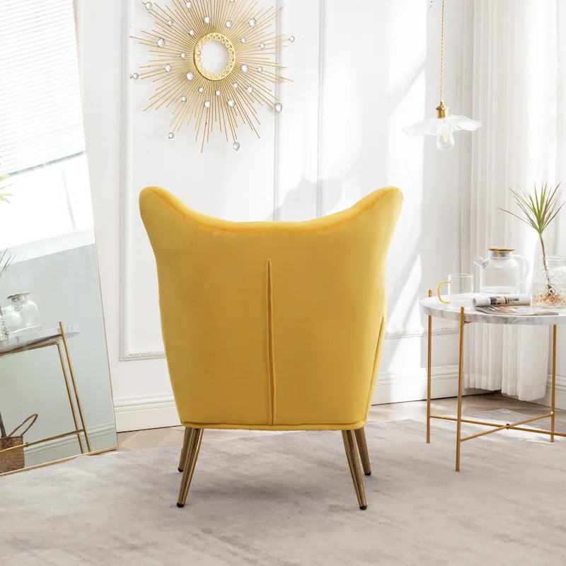Fauteuil d'appoint capitonné en velours jaune 30.25 avec pieds dorés
