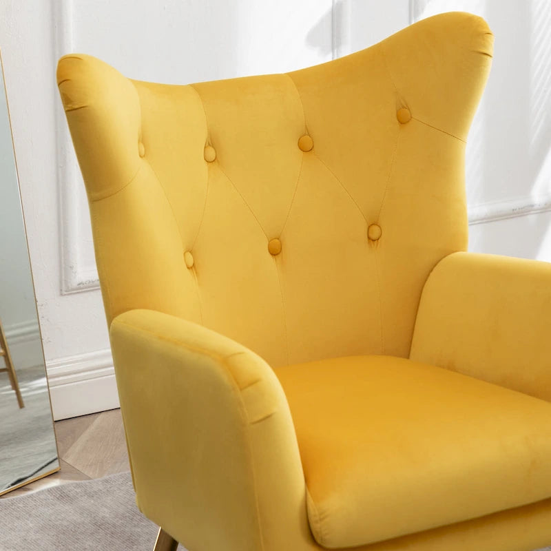 Fauteuil d'appoint capitonné en velours jaune 30.25 avec pieds dorés