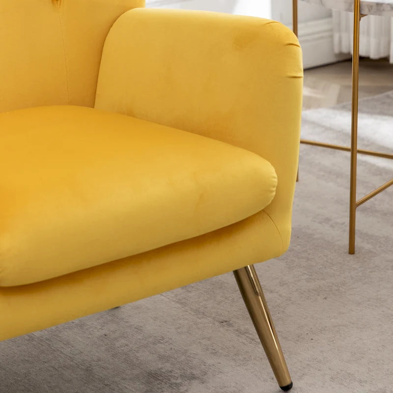 Fauteuil d'appoint capitonné en velours jaune 30.25 avec pieds dorés