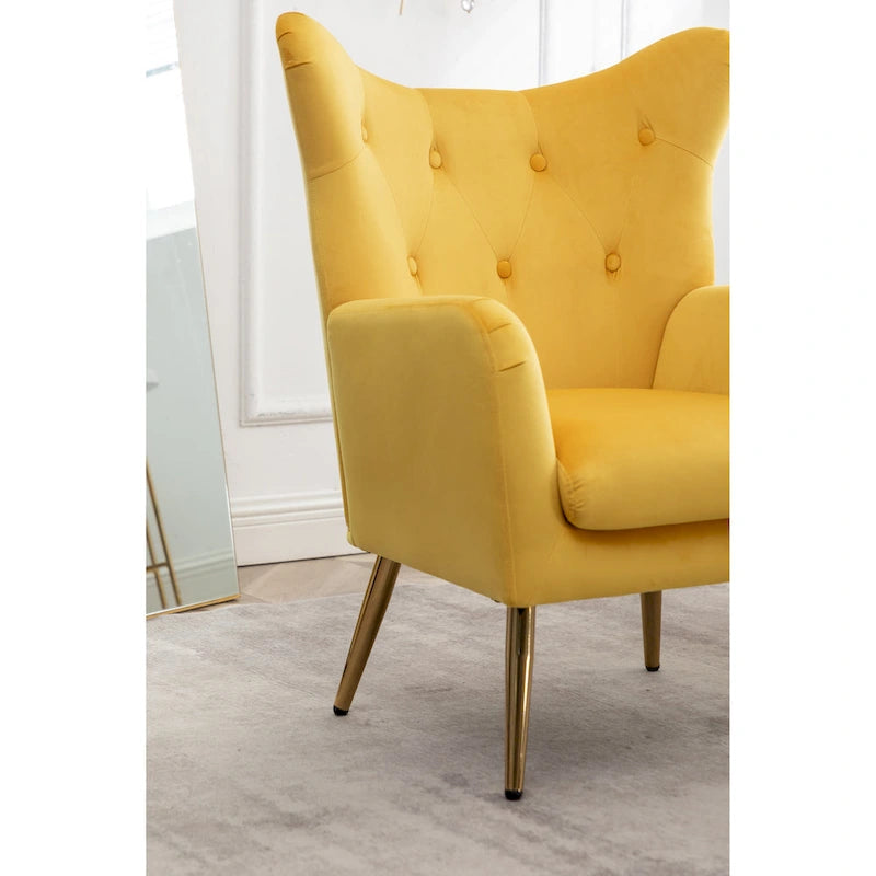 Fauteuil d'appoint capitonné en velours jaune 30.25 avec pieds dorés