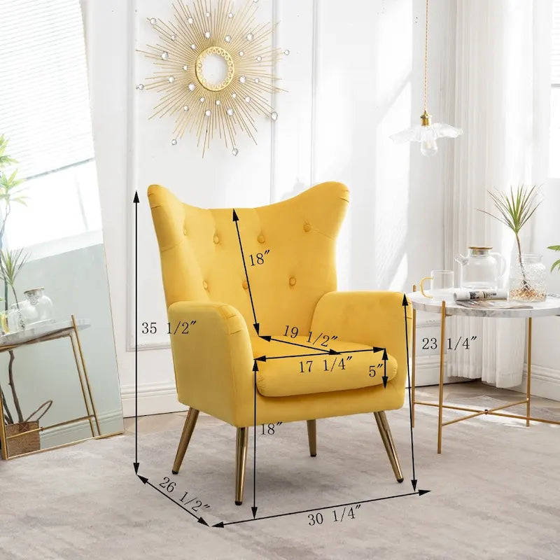 Fauteuil d'appoint capitonné en velours jaune 30.25 avec pieds dorés