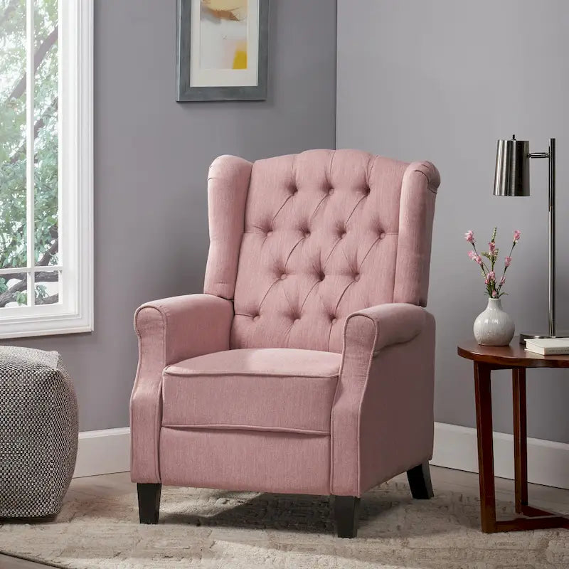 Fauteuil inclinable à dossier haut rose clair/beige, avec accoudoirs, capitonné, pieds en bouleau, 1 place