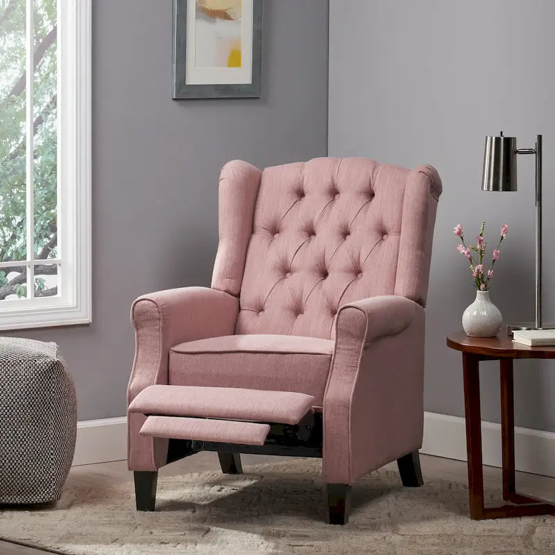 Fauteuil inclinable à dossier haut rose clair/beige, avec accoudoirs, capitonné, pieds en bouleau, 1 place