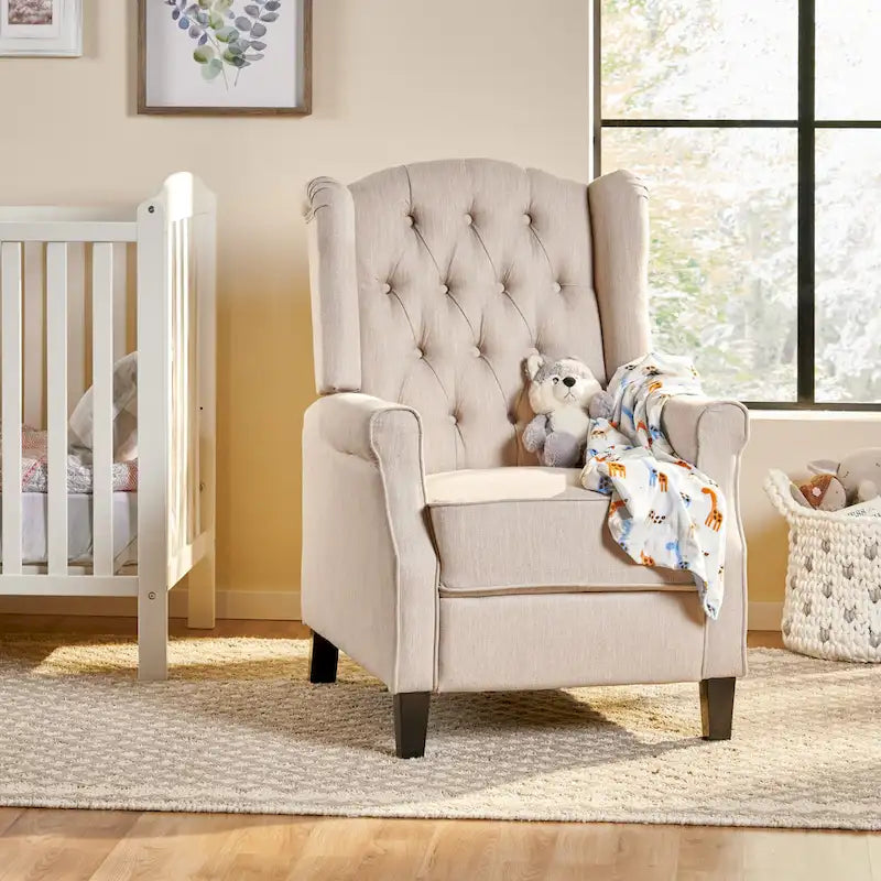 Fauteuil inclinable à dossier haut rose clair/beige, avec accoudoirs, capitonné, pieds en bouleau, 1 place