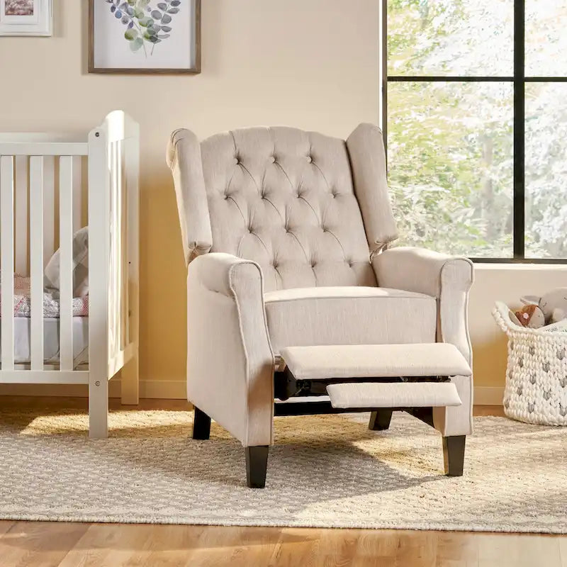 Fauteuil inclinable à dossier haut rose clair/beige, avec accoudoirs, capitonné, pieds en bouleau, 1 place