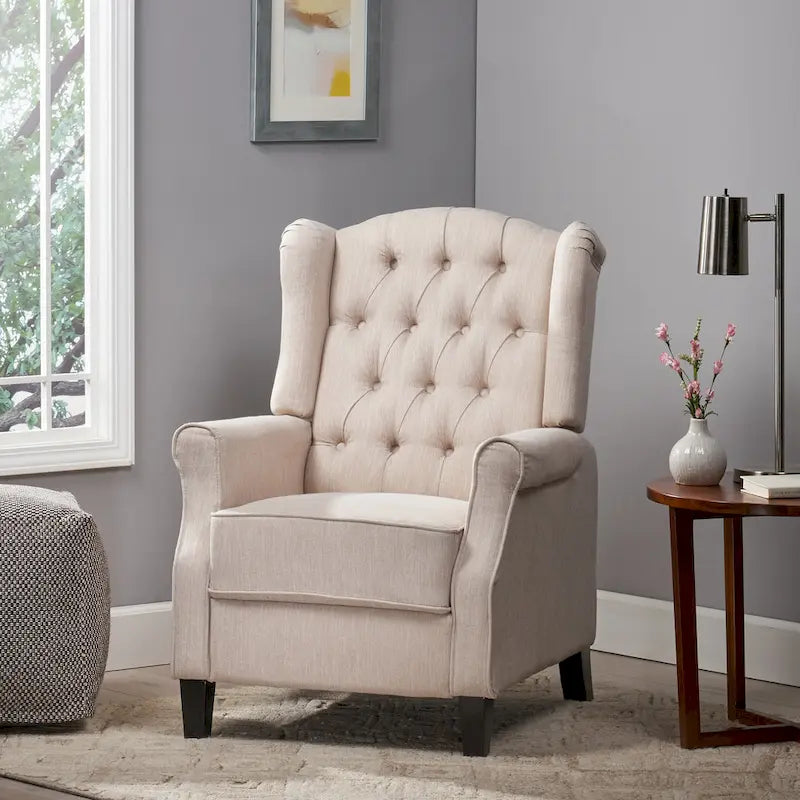 Fauteuil inclinable à dossier haut rose clair/beige, avec accoudoirs, capitonné, pieds en bouleau, 1 place