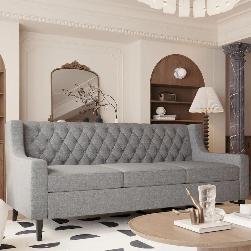 Grey 78.75 Polyester 3-Seater Sofa with Tufted Back and Cushions
