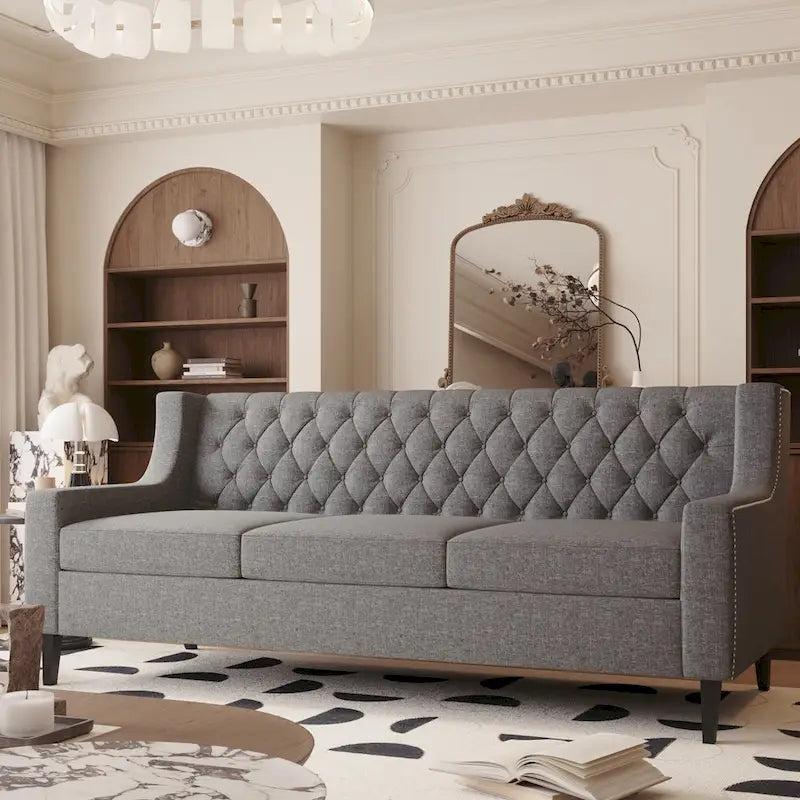 Canapé 3 places gris en polyester 78,75 avec dossier touffeté et coussins
