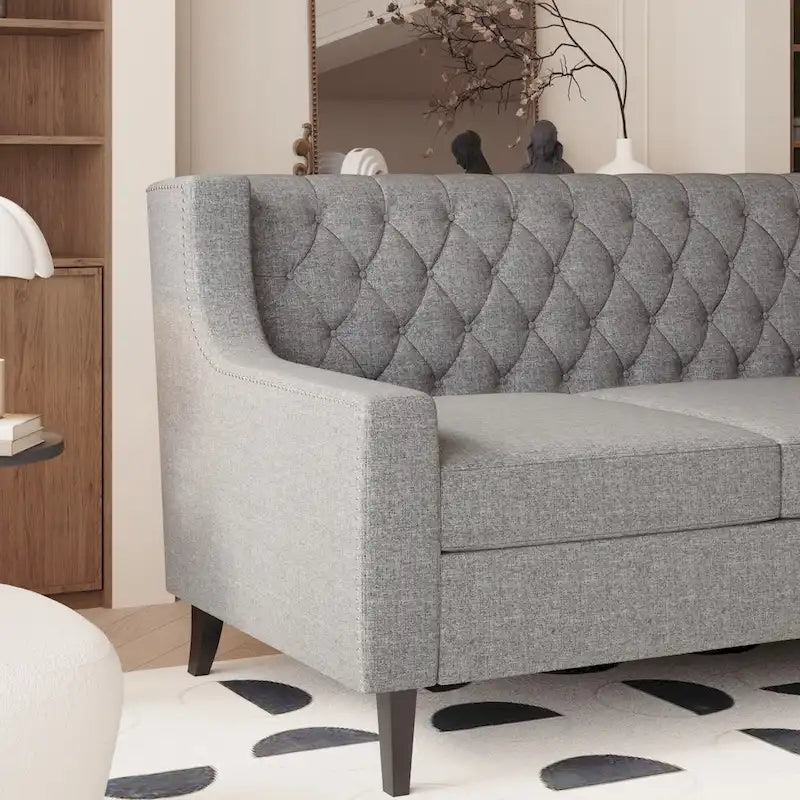 Canapé 3 places gris en polyester 78,75 avec dossier touffeté et coussins