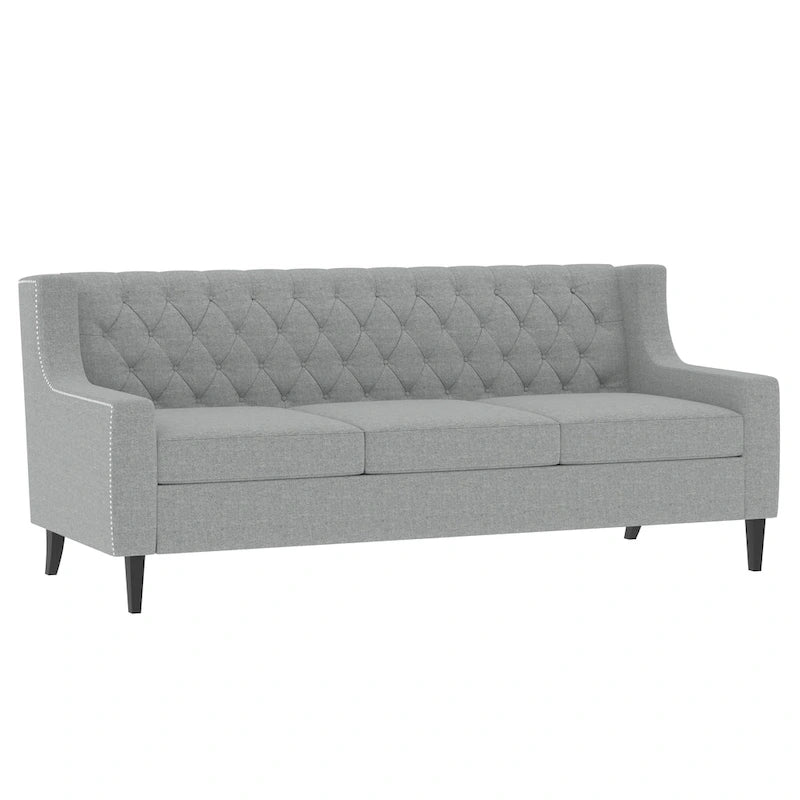 Canapé 3 places gris en polyester 78,75 avec dossier touffeté et coussins