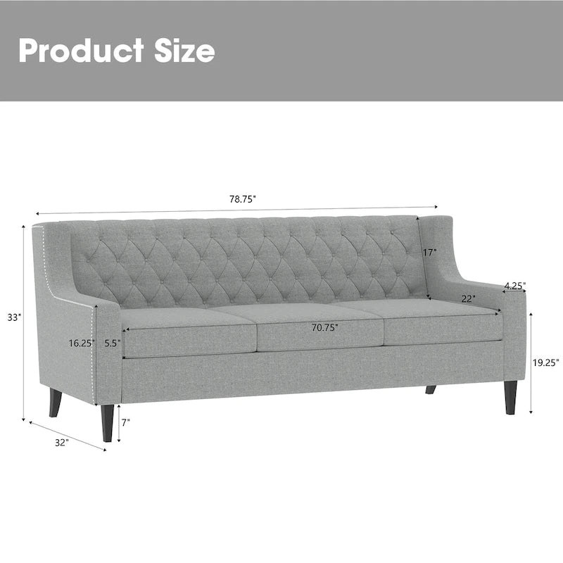 Canapé 3 places gris en polyester 78,75 avec dossier touffeté et coussins