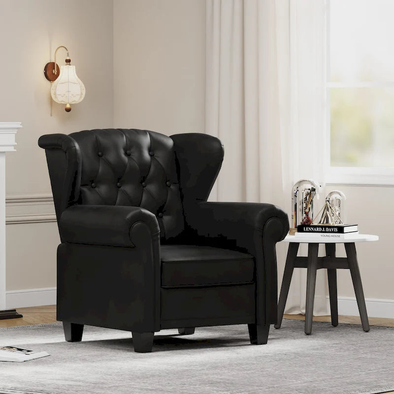 Fauteuil crapaud moderne en cuir technique avec dossier capitonné, chaise longue réglable avec pieds en bois robustes