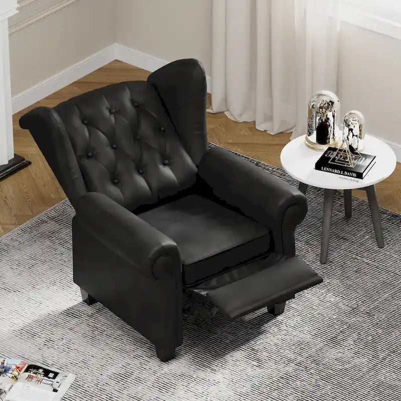 Fauteuil crapaud moderne en cuir technique avec dossier capitonné, chaise longue réglable avec pieds en bois robustes