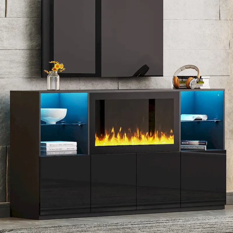 TV Stand with 34.2 Non-heating Electric Fireplace,Entertainment Center with LED Light,Tempered Glass Shelves for TVs up to 75