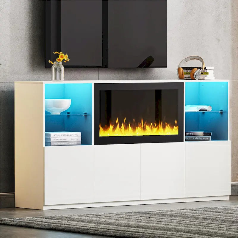 Meuble TV moderne blanc/noir avec cheminée électrique de 34,2 pouces, convient aux téléviseurs jusqu'à 75 pouces, assemblage par 2 personnes