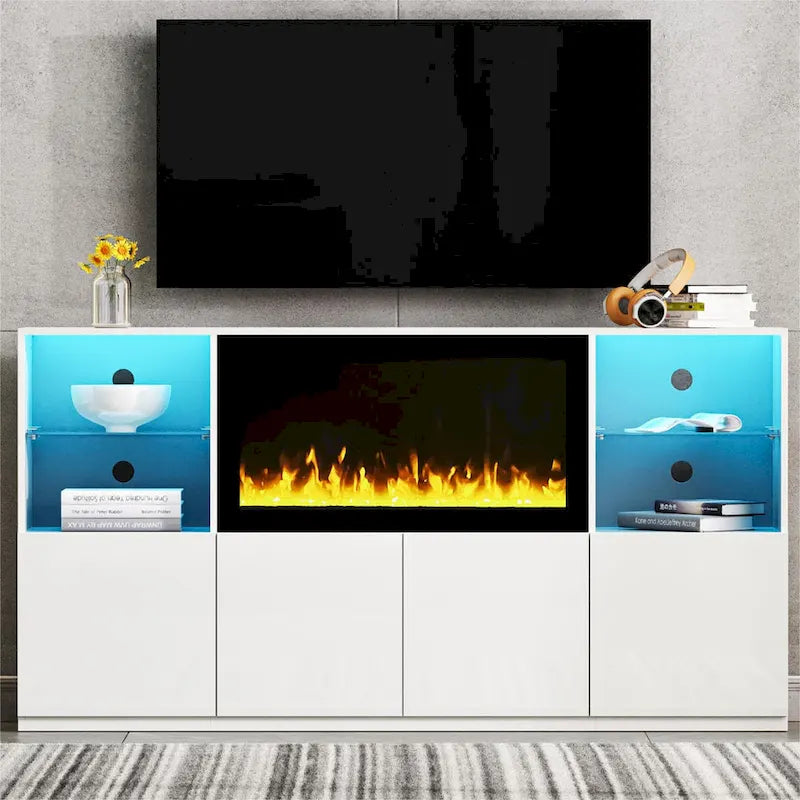Meuble TV moderne blanc/noir avec cheminée électrique de 34,2 pouces, convient aux téléviseurs jusqu'à 75 pouces, assemblage par 2 personnes