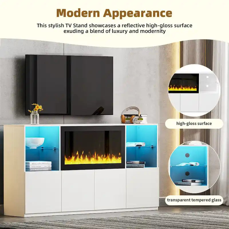 Meuble TV moderne blanc/noir avec cheminée électrique de 34,2 pouces, convient aux téléviseurs jusqu'à 75 pouces, assemblage par 2 personnes