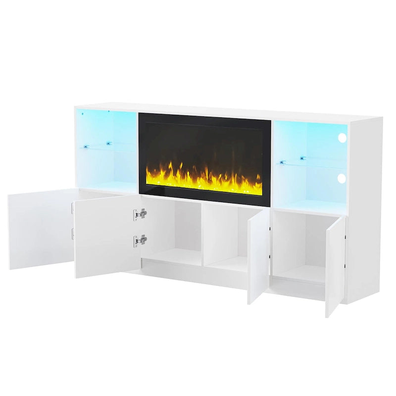 Meuble TV moderne blanc/noir avec cheminée électrique de 34,2 pouces, convient aux téléviseurs jusqu'à 75 pouces, assemblage par 2 personnes