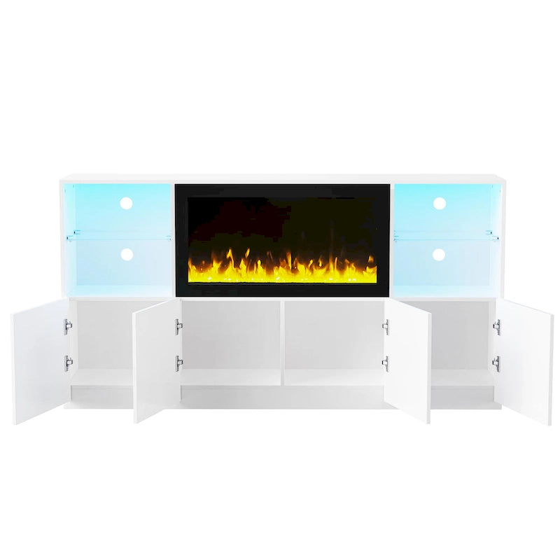 Meuble TV moderne blanc/noir avec cheminée électrique de 34,2 pouces, convient aux téléviseurs jusqu'à 75 pouces, assemblage par 2 personnes