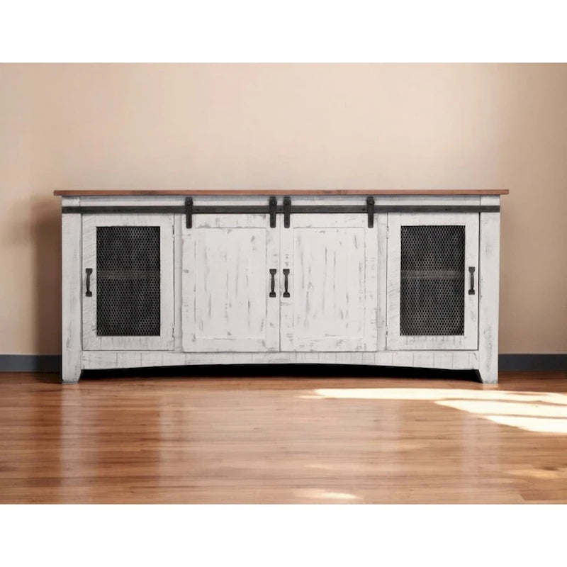 Meuble TV HomeRoots 79 en bois massif blanc avec rangement fermé, aspect vieilli - 78,75" x 34,75" x 19"
