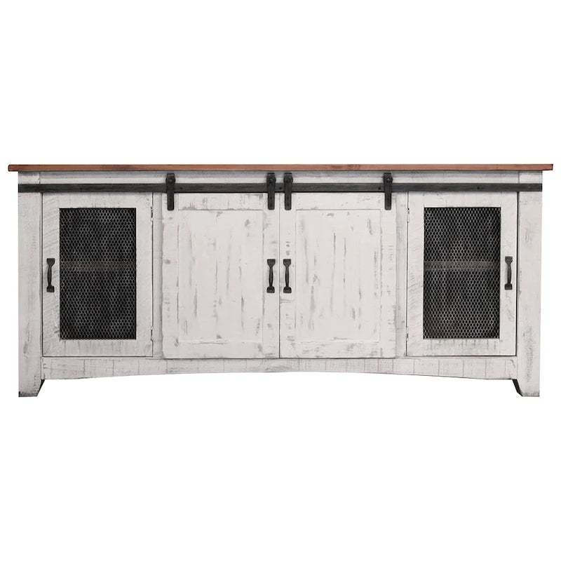 Meuble TV HomeRoots 79 en bois massif blanc avec rangement fermé, aspect vieilli - 78,75" x 34,75" x 19"