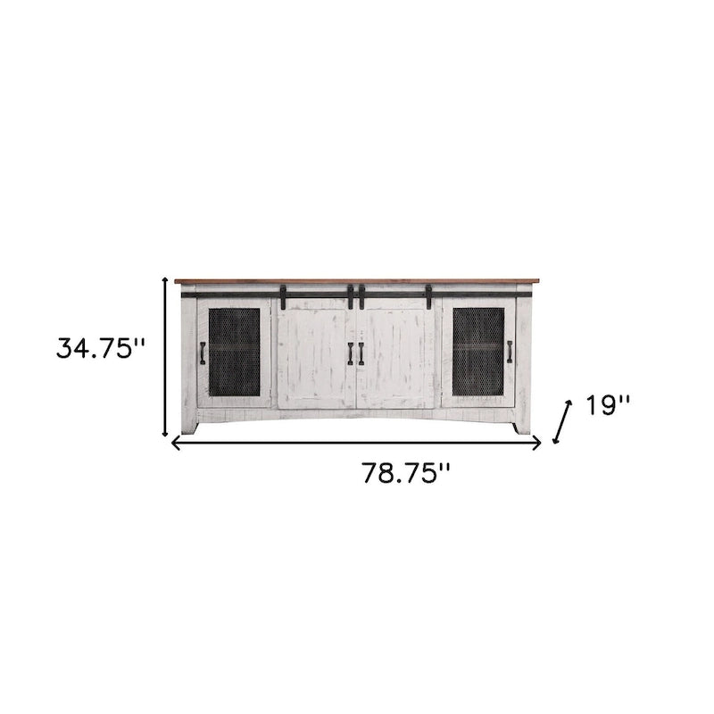 Meuble TV HomeRoots 79 en bois massif blanc avec rangement fermé, aspect vieilli - 78,75" x 34,75" x 19"