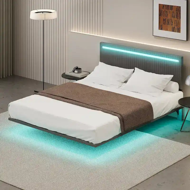 Cadre de lit double moderne avec lumières LED, télécommande pour différentes couleurs d'éclairage, lumières à détecteur, aucun sommier tapissier requis