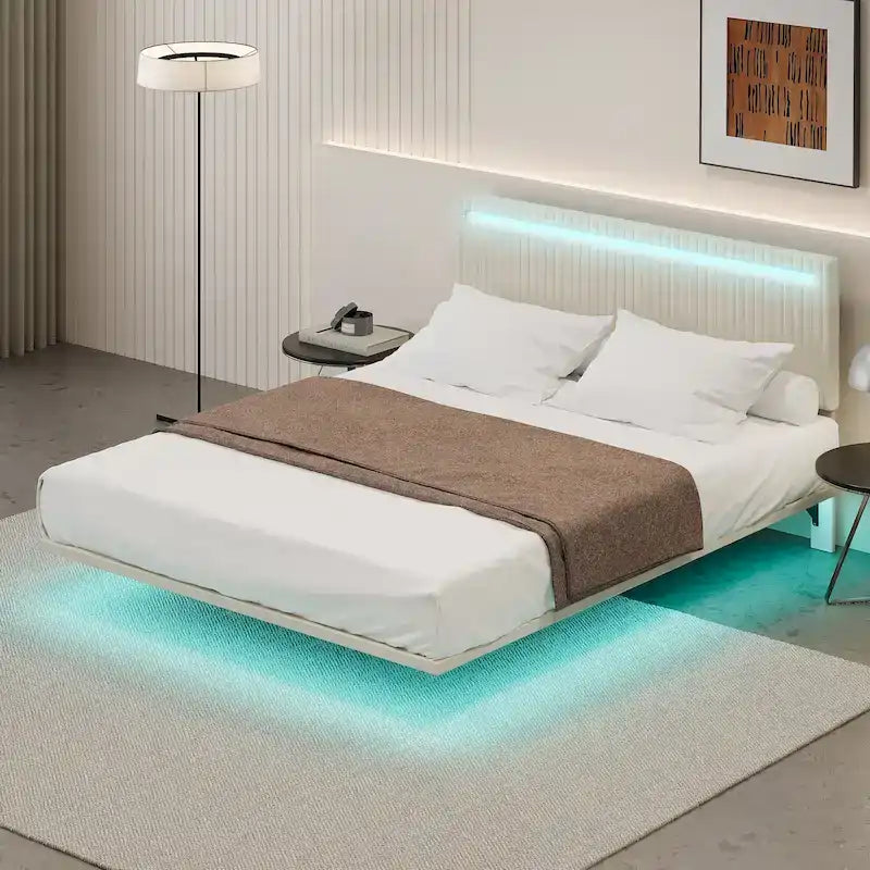 Cadre de lit double moderne avec lumières LED, télécommande pour différentes couleurs d'éclairage, lumières à détecteur, aucun sommier tapissier requis