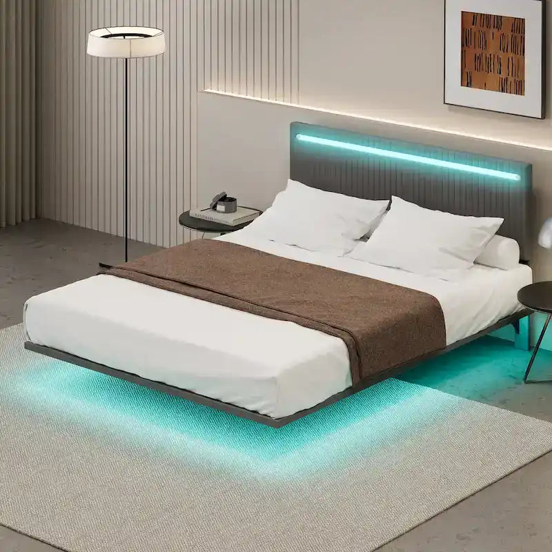 Cadre de lit double moderne avec lumières LED, télécommande pour différentes couleurs d'éclairage, lumières à détecteur, aucun sommier tapissier requis