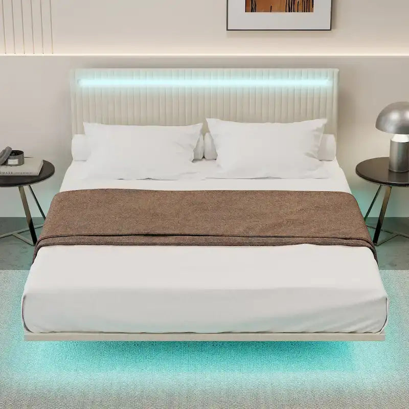 Cadre de lit double moderne avec lumières LED, télécommande pour différentes couleurs d'éclairage, lumières à détecteur, aucun sommier tapissier requis
