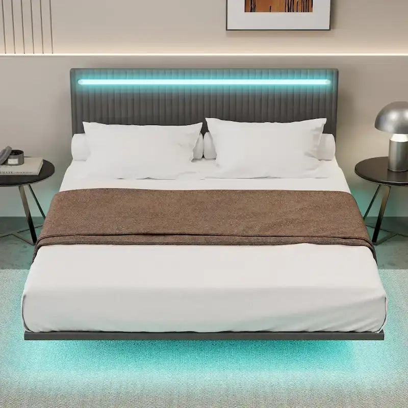 Cadre de lit double moderne avec lumières LED, télécommande pour différentes couleurs d'éclairage, lumières à détecteur, aucun sommier tapissier requis