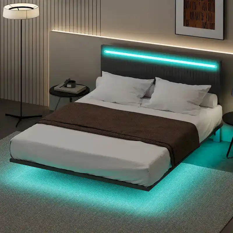 Cadre de lit double moderne avec lumières LED, télécommande pour différentes couleurs d'éclairage, lumières à détecteur, aucun sommier tapissier requis