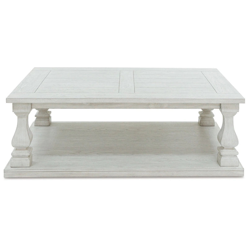 Table basse Dyne Cocktail, plateau en planches, balustres, bois blanc 54 pouces