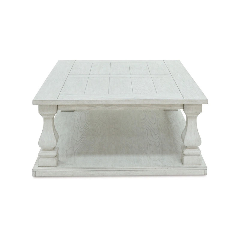 Table basse Dyne Cocktail, plateau en planches, balustres, bois blanc 54 pouces