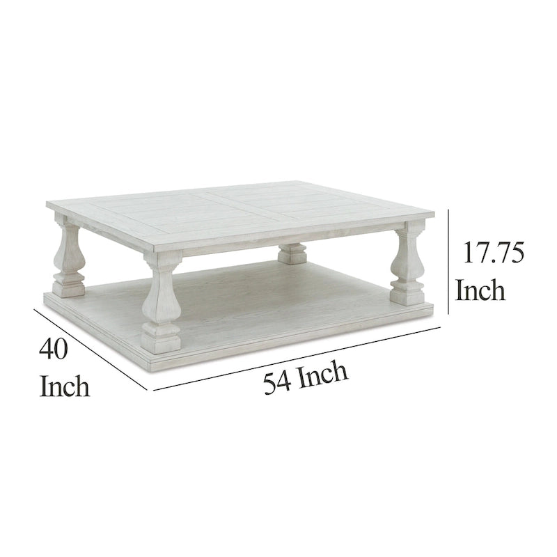 Table basse Dyne Cocktail, plateau en planches, balustres, bois blanc 54 pouces