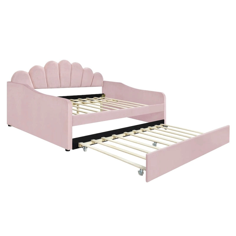 Cadre de lit de repos pleine grandeur en tissu d'ameublement avec dossier en forme de coquille et lit gigogne, blanc