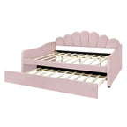 Cadre de lit de repos pleine grandeur en tissu d'ameublement avec dossier en forme de coquille et lit gigogne, blanc