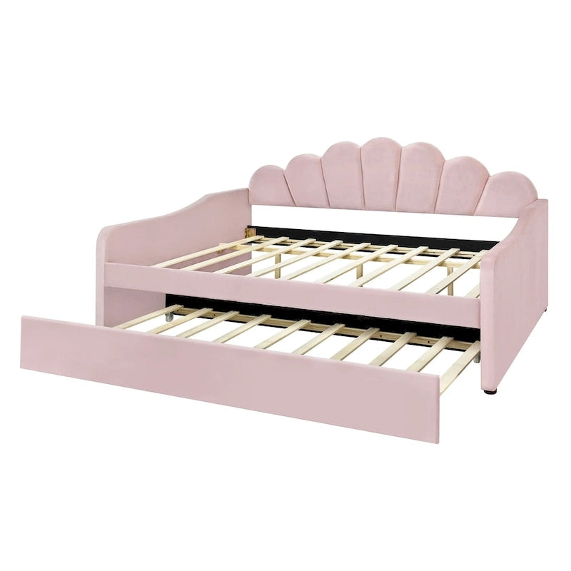Cadre de lit de repos pleine grandeur en tissu d'ameublement avec dossier en forme de coquille et lit gigogne, blanc