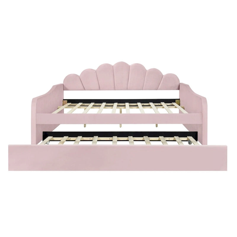 Cadre de lit de repos pleine grandeur en tissu d'ameublement avec dossier en forme de coquille et lit gigogne, blanc