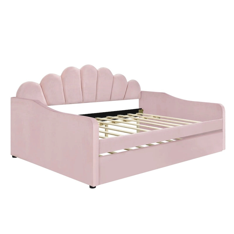 Cadre de lit de repos pleine grandeur en tissu d'ameublement avec dossier en forme de coquille et lit gigogne, blanc