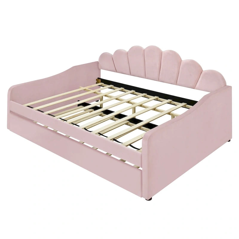 Cadre de lit de repos pleine grandeur en tissu d'ameublement avec dossier en forme de coquille et lit gigogne, blanc