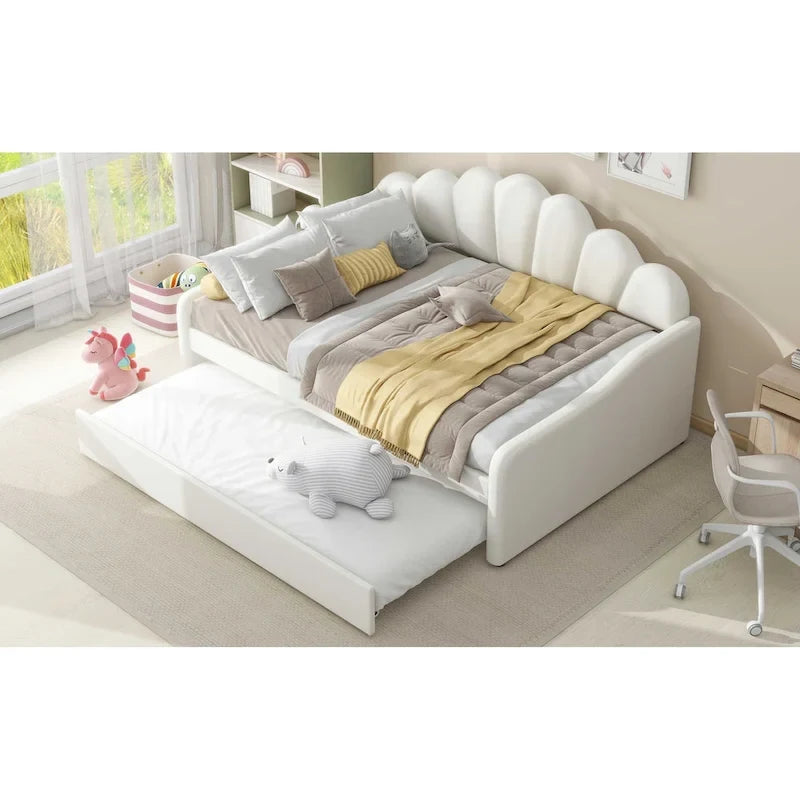 Cadre de lit de repos pleine grandeur en tissu d'ameublement avec dossier en forme de coquille et lit gigogne, blanc