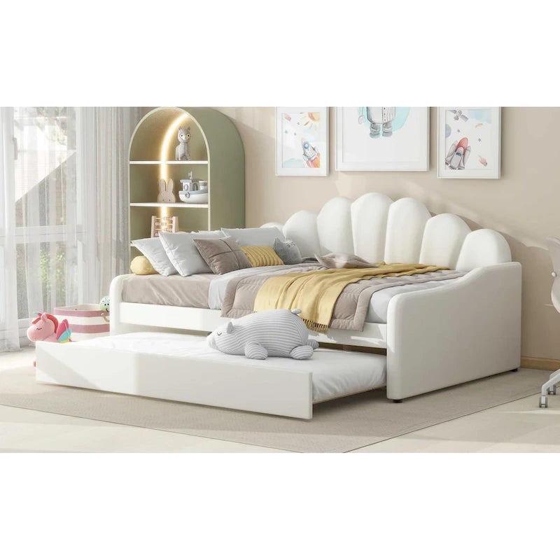 Cadre de lit de repos pleine grandeur en tissu d'ameublement avec dossier en forme de coquille et lit gigogne, blanc