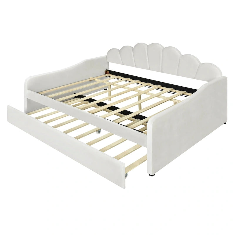 Cadre de lit de repos pleine grandeur en tissu d'ameublement avec dossier en forme de coquille et lit gigogne, blanc