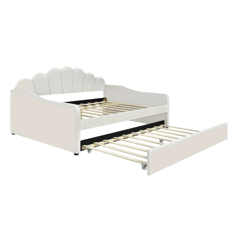 Cadre de lit de repos pleine grandeur en tissu d'ameublement avec dossier en forme de coquille et lit gigogne, blanc