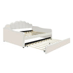 Cadre de lit de repos pleine grandeur en tissu d'ameublement avec dossier en forme de coquille et lit gigogne, blanc