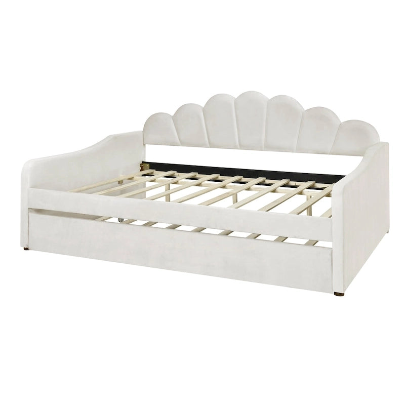 Cadre de lit de repos pleine grandeur en tissu d'ameublement avec dossier en forme de coquille et lit gigogne, blanc